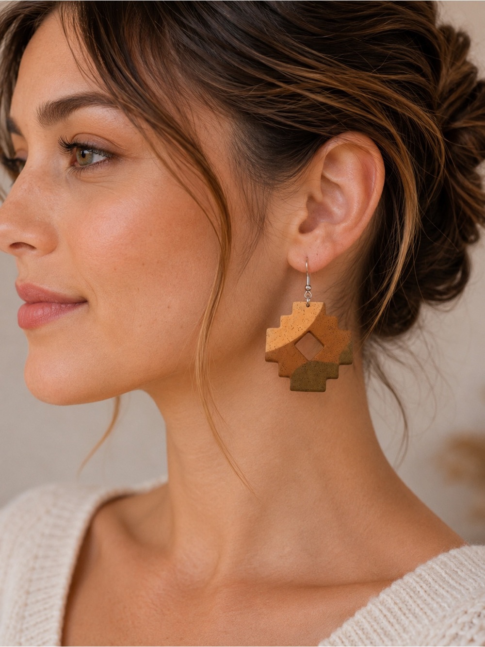 Handmade Polymer Clay‎ earrings, Stacking Puzzle, Coffee, 39.5~40x39.5x2.…NWT